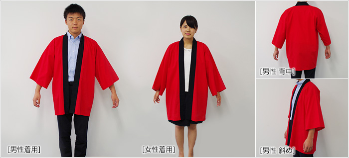 はっぴを着ている写真（メイン：前面（男性、女性）サブ：側面、背面）