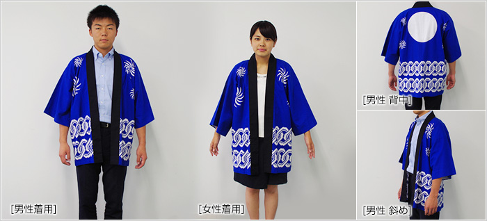 はっぴを着ている写真（メイン：前面（男性、女性）サブ：側面、背面）