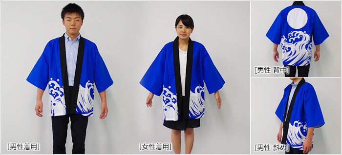 はっぴを着ている写真（メイン：前面（男性、女性）サブ：側面、背面）