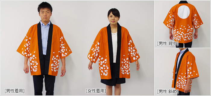 はっぴを着ている写真（メイン：前面（男性、女性）サブ：側面、背面）