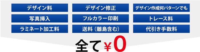 ロゴトレース、デザイン作成・修正、全国送料、代引き手数料、ラミネート加工などすべて0円