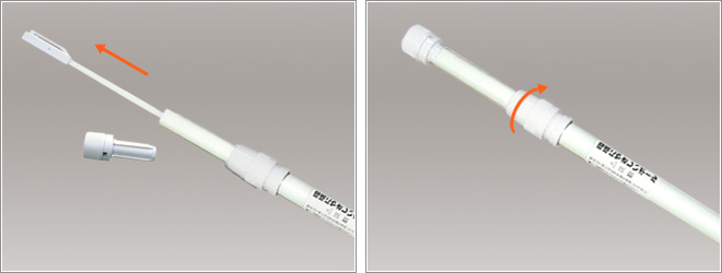 ポール使用方法説明画像：1,パイプの中に横棒が収納させています。2,ジョイント部分を緩めるとポールの長さを伸縮できます。