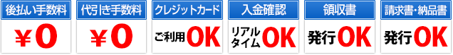 代引き、クレジットカード、リアルタイムで入金確認、領収書発行可能、請求書・納品書発行可能
