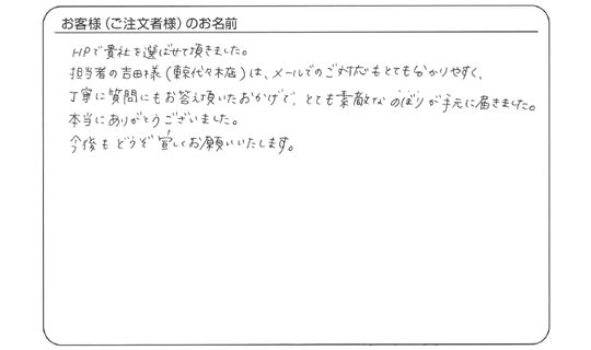 丁寧に質問にもお答え頂いたおかげで、とても素敵なのぼりが手元に届きました。