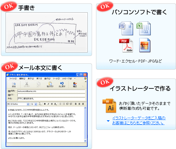 以下いずれかの方法で、デザインを作成し、ご送付ください。