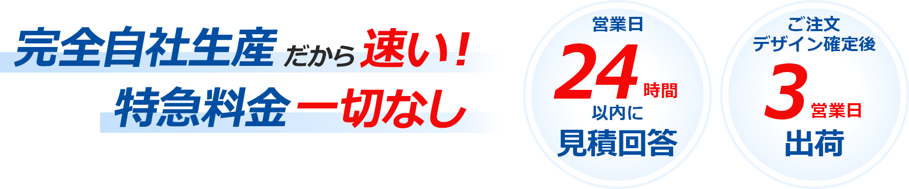 スピーディーなお届けを私たちが全力でサポートします！24時間以内に見積回答 ご注文・デザイン確定後最短３営業日で出荷