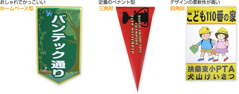 オシャレでかっこいい：ホームベース型　定番のぺナント型：三角形　デザインの柔軟性が高い：四角形