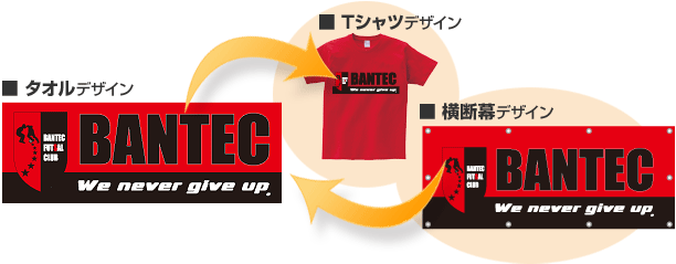 タオルと同じデザインで、また、少しアレンジを加えて、横断幕やTシャツなどの商品を手軽にお作りいただくことが可能